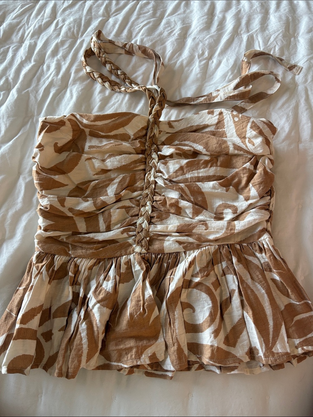 entro Cream and Tan Braided Halter Floral Peplum Top